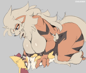 anthro anthro_on_anthro areola big_breasts black_areola black_nipples breasts duo female female/female fur grey_background hanging_breasts huge_breasts larger_anthro larger_female nipples pinned pinned_arms pinned_to_ground pokemorph simple_background size_difference smaller_anthro yellow_body yellow_fur cooliehigh nintendo pokemon arcanine braixen canid canine generation_1_pokemon generation_6_pokemon mammal pokemon_(species) 2022 hi_res male_(lore)