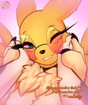 blue_eyes eyewear female fur glasses mane pince-nez rubbing_cheek text yellow_body yellow_fur conditional_dnp yourdigimongirl bandai_namco digimon digi_(yourdigimongirl) canid digimon_(species) mammal renamon digital_media_(artwork) english_text hi_res