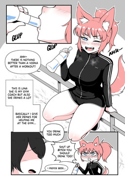 big_breasts biped blue_eyes blush breasts clothed clothing dialogue drinking duo eyelashes female hair nude open_mouth pink_hair profanity pupils sitting speech_bubble text thick_thighs dako lina_(dako) animal_humanoid canid canid_humanoid canine canine_humanoid humanoid mammal mammal_humanoid english_text hi_res