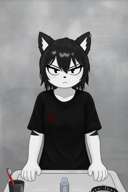 5_fingers anthro black_hair brush clothing collar ear_piercing ear_ring female fingers frown fur hair piercing pointy_ears prick_ears ring_piercing shirt short_hair sink solo spiked_collar spikes striped_body stripes t-shirt toothbrush topwear white_body white_fur razval valeria_(razval) domestic_cat felid feline felis mammal 2:3 absurd_res hi_res