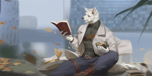 anthro blue_bottomwear blue_clothing blue_pants blurred_background book boots bottomwear brown_boots brown_clothing brown_footwear cheek_tuft clothed clothing facial_tuft food footwear fur glistening glistening_eyes grey_clothing grey_topwear holding_book holding_food holding_object holding_sandwich male male_anthro mouth_closed muscular muscular_anthro muscular_male neck_tuft open_clothing open_topwear outside pants pecs_outline reading reading_book red_eyes sandwich_(food) shoes sitting solo topwear tuft white_body white_clothing white_fur white_topwear awaldkize canid canine mammal absurd_res hi_res