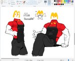 apron arm_hair art_program_in_frame body_hair bottomwear clothed clothing for_a_head fully_clothed male not_furry pants red_eyes shirt sitting solo text tight_clothing topwear uniform vein veiny_muscles kogito mcdonald's microsoft microsoft_paint_(copyright) humanoid living_logo object_head digital_media_(artwork) english_text microsoft_paint_(artwork)