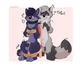 anthro anthro_on_anthro balls bdsm biped black_chastity_cage blush bondage bound chair chair_bondage chastity_cage chastity_device chastity_key duo fluffy fluffy_tail furniture genitals key keyholding lock male male/male nude open_mouth padlock submissive submissive_male tail teeth text toony conditional_dnp sadcat16hrz artemis_raccoon canid canine canis mammal procyonid raccoon wolf 5:4 url
