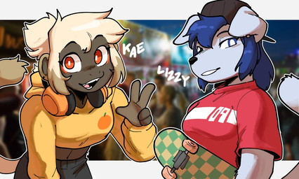 5_fingers anthro blue_eyes blue_hair bottomwear breasts clothed clothed_anthro clothed_female clothing crop_hoodie duo ear_piercing electronics female female_anthro fingers hair hat headgear headphones headphones_around_neck headwear hoodie midriff open_mouth open_smile orange_eyes piercing ponytail red_clothing red_shirt red_topwear shirt skateboard smile tail text topwear vehicle white_hair white_sclera white_text yellow_clothing yellow_hoodie yellow_topwear conditional_dnp sonokido greater_ventura_city elizabeth_swipes kae_(sonokido) canid canine canis domestic_dog haplorhine mammal monkey primate 2025 digital_media_(artwork)
