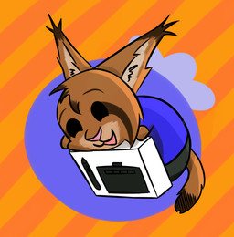 anthro box brown_body brown_fur clothed clothing container drawing_tablet ear_tuft fully_clothed fur head_tuft male open_mouth open_smile orange_background pattern_background simple_background smile solo striped_background toony tuft theblueberrycarrots marc_(theblueberrycarrots) felid feline lynx mammal hi_res