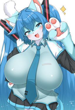 accessory alternate_species anthro big_breasts black_bottomwear black_clothing black_skirt blue_body blue_clothing blue_ears blue_eyes blue_fur blue_hair blue_tail blue_topwear blush bottomwear breasts clothing countershade_face countershade_fur countershade_torso countershading cute_fangs dipstick_tail fangs female female_anthro fur furrification hair huge_breasts inner_ear_fluff kemono long_hair looking_at_viewer markings necktie pawpads paws simple_background skirt solo tail tail_markings teeth topwear tuft whiskers white_background white_body white_fur white_tail_tip horokusa0519 vocaloid yamaha_corporation hatsune_miku domestic_cat felid feline felis mammal 2026 hi_res