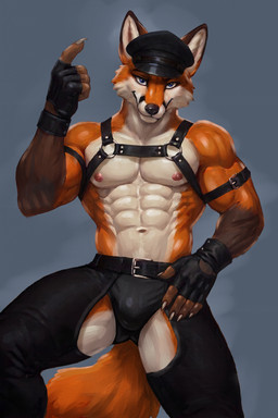 abs anthro armband athletic black_briefs black_chaps black_clothing black_underwear blue_eyes briefs bulge claws clothing gloves handwear harness looking_at_viewer male muscular muscular_male navel nipples one_finger_up smile smiling_at_viewer smirk smirking_at_viewer solo underwear bleakcat canid canine fox mammal hi_res