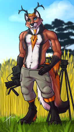 anthro antlers athletic athletic_anthro athletic_male beard black_antlers black_body black_fur black_nose blue_eyes blue_sky body_hair bottomwear brown_body brown_fur camera chest_hair clothed clothing day facial_hair front_view fur gloves_(marking) goatee grey_bottomwear grey_clothing grey_shorts hair heterochromia holding_camera holding_object horn leg_markings looking_at_viewer male male_anthro markings open_mouth open_smile orange_beard orange_facial_hair orange_hair outside shorts sky smile socks_(marking) solo standing topless tripod white_body white_fur yellow_eyes hufnaar hybrid 2021 9:16 dated full-length_portrait hi_res portrait signature