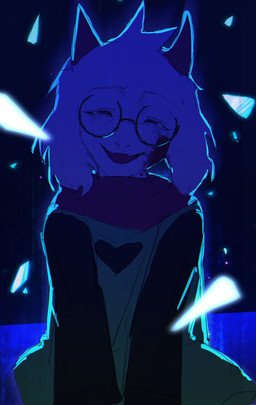 anthro blood blood_on_face blue_lighting bodily_fluids clothing eyes_closed eyewear front_view fur glass glasses green_clothing horn male open_mouth open_smile robe scarf smile solo white_body white_fur yojichoco deltarune undertale_(series) ralsei boss_monster_(undertale) bovid caprine darkner goat mammal 2025 absurd_res hi_res