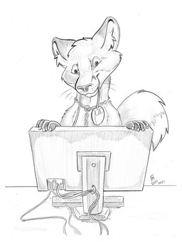 ambiguous_gender anthro chain collar computer computer_mouse electronics monitor simple_background solo tail white_background flinters canid canine fox mammal 2011 black_and_white graphite_(artwork) greyscale monochrome sketch traditional_media_(artwork)
