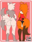 big_butt border bubble_butt butt butt_view duo female grey_body grey_hair hair male male/female orange_body orange_hair tail white_border wide_hips tobydraws4 canid canine humanoid mammal hi_res