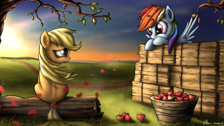 apple blonde_hair blue_body blue_feathers blue_fur bucket container duo eye_contact feathered_wings feathers female feral food fruit fur grass green_eyes hair leaf log long_hair looking_at_another multicolored_hair orange_body orange_fur outside plant purple_eyes rainbow_hair sitting tree wings wood neko-me friendship_is_magic hasbro my_little_pony mythology applejack_(mlp) rainbow_dash_(mlp) earth_pony equid equine horse mammal mythological_creature mythological_equine pegasus pony 16:9 2014 4k absurd_res hi_res widescreen