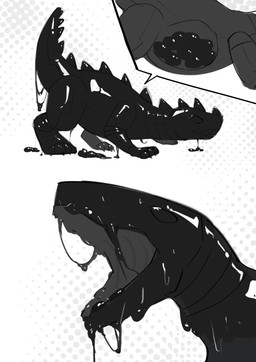 after_transformation biped bipedal_feral black_egg black_goo egg egg_insertion feral goo_drip goo_on_leg grey_body grey_scales internal looking_at_viewer male open_mouth scales simple_background solo white_background fur_alasky dinosaur prehistoric_species reptile scalie 2025 absurd_res hi_res monochrome
