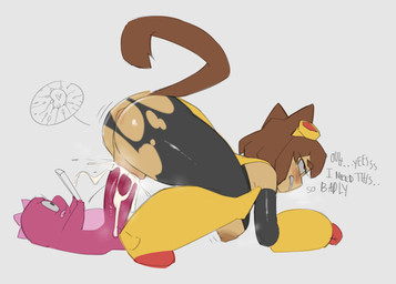 anthro anus_peek areola arm_cannon armwear big_butt big_penis big_tail black_armwear black_clothing black_skinsuit blush bodily_fluids brown_areola brown_hair brown_nipples brown_tail butt clenched_teeth clothing cum cum_in_vagina cum_inside duo erection eyebrows female focused genital_fluids genitals glistening glistening_butt glistening_genitalia glistening_penis glistening_thighs hair heart_symbol huge_butt huge_penis larger_female looking_up male male/female nipples on_bottom on_phone on_top ovum ovum_with_heart penis purple_body reverse_cowgirl_position sex short_hair simple_background size_difference skinsuit small_but_hung smaller_male speech_bubble sperm_cell spikes steam tail teeth text tight_clothing torn_clothing white_background bbo gameoverse glitch_productions gobbles_(gameoverse) kit_bodega dinosaur domestic_cat felid feline felis mammal prehistoric_species reptile scalie 2026 english_text hi_res