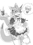 anthro apron blush bottomwear claws clothed clothing crossdressing duo horn maid_headdress maid_uniform male serving_tray skirt uniform im7yx bandai_namco digimon digimon_ghost_game hiro_amanokawa betelgammamon digimon_(species) human mammal scalie hi_res monochrome