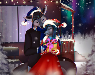 anthro bench black_clothing black_hair black_inner_ear_fluff black_scarf black_topwear blue_highlights box christmas_clothing christmas_headwear clothed clothed_anthro clothed_female clothed_male clothing container copyright_symbol dress duo eyes_closed female female_anthro fur furgonomic_hat furgonomic_headwear furgonomics gift_box grey_body grey_fur hair handwear hat headgear headwear highlights_(coloring) holding_object holidays inner_ear_fluff male male_anthro mittens outside pattern_clothing pattern_scarf red_clothing red_dress santa_hat scarf smile snow snowing stairs standing symbol text topwear tuft window sertaa christmas harley_(copperback01) saros_(copperback01) canid canine canis mammal wolf 2015 artist_name