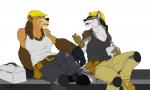 anthro armor belt beverage clothed clothing construction_worker duo female fur hair hard_hat headgear helmet open_mouth sitting smile tool_belt worker regentshaw bear brown_bear canid canine canis grizzly_bear mammal ursine wolf hi_res