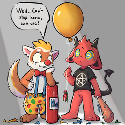 anthro balloon balloon_fetish baseball_bat bat_(object) biped bodily_fluids bottomless bottomless_male bow_tie clothed clothing clown clown_nose duo foreskin freckled_face freckled_shoulders freckled_tail freckles genitals grey_background hand_on_hip helium helium_tank holding_balloon holding_bat humanoid_genitalia humanoid_penis hypnosis inflatable male male/male mind_control partially_clothed partially_clothed_male penis popped_balloon ringed_eyes satanic_symbol simple_background sweat tail text tight_foreskin unretracted_foreskin young young_male badipoki float_(badipoki) domestic_ferret imp mammal mustelid musteline true_musteline weasel 1:1 absurd_res english_text hi_res