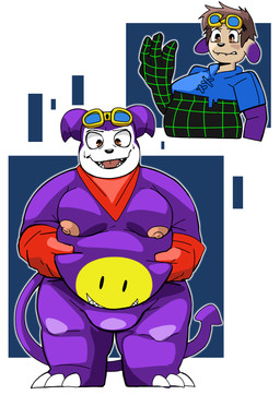 anthro belly blush brown_hair eyewear fupa goggles hair kerchief male moobs neckerchief neckwear nipples overweight purple_body solo transformation wireframe coolietf bandai_namco digimon takato_matsuki digimon_(species) human impmon mammal hi_res