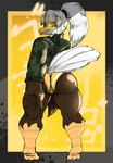 anthro brown_body butt camo camo_print clothing feathers female glowing glowing_eyes hair jacket looking_at_viewer menancing ponytail rear_view solo tail tail_feathers thick_thighs topwear white_hair white_tail yellow_eyes sugarnsalt mariana_gutierrez accipitrid accipitriform avian bald_eagle bird eagle sea_eagle