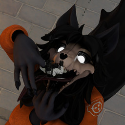 5_fingers anthro anthro_pred big_breasts bird's-eye_view black_body black_ears black_hair black_inner_ear black_mouth black_tail bone breasts clothed clothed_anthro clothed_female clothed_human clothed_male clothed_pred clothed_prey clothing duo feet_first female female_anthro female_pred finger_in_mouth fingers fully_clothed fully_clothed_human fully_clothed_male fur glowing glowing_eyes hair high-angle_view holding_another human_on_anthro human_prey imminent_oral_vore imminent_vore interspecies larger_anthro larger_female larger_pred long_tongue male male/female male_human male_prey micro open_mouth orange_clothing partially_inside sharp_teeth size_difference skull skull_head smaller_human smaller_male spread_mouth standing tail teeth tongue tongue_out vore white_eyes cynthiaacid da.nilkaz_(modeler) scp_foundation mal0 scp-1471-a scp-1471-a_(da.nilkaz) canid canine cryptid human mammal monster 1:1 2025 3d_(artwork) absurd_res blender_(artwork) digital_media_(artwork) hi_res