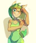 anthro biceps black_nose blush breasts clothed clothing dress eyebrows eyelashes female flexing fur green_clothing green_dress green_eyes green_hair hair hand_on_bicep looking_at_viewer one_eye_closed short_hair simple_background smile solo wink sony-shock activision crash_bandicoot_(series) crash_team_racing_(series) crash_team_racing_nitro-fueled ami_bandicoot bandicoot mammal marsupial 2019 digital_media_(artwork) portrait