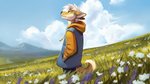 anthro clothing detailed_background dutch_angle flower flower_field fur hair male meadow outside plant scenery sky solo multyashka-sweet canid canine canis domestic_dog mammal shiba_inu spitz 16:9 digital_media_(artwork) widescreen