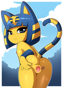 4_fingers anthro anus bangs bent_over biped black_eyes blue_ears blue_eyebrows blue_hair blue_markings blue_stripes blue_tail blunt_bangs border butt clitoris closed_smile cloud day eyebrow_through_hair eyebrows female female_anthro fingers flat_chested genitals glistening glistening_eyes hair humanoid_genitalia humanoid_vulva long_tail looking_at_viewer looking_back looking_back_at_viewer markings medium_hair mouth_closed multicolored_tail nipples noseless nude nude_anthro nude_female outline outside_border pink_clitoris pink_nipples pink_vulva presenting presenting_hindquarters presenting_vulva rear_view ring_(marking) ringed_tail smile smiling_at_viewer smirk smirking_at_viewer solo spread_vulva spreading standing striped_markings striped_tail stripes tail tail_markings tape translucent translucent_hair two_tone_tail uraeus vulva vulva_spreading_tape white_border white_outline white_sclera yellow_body yellow_inner_ear yellow_markings yellow_stripes yellow_tail gi0 animal_crossing nintendo ankha_(animal_crossing) domestic_cat felid feline felis mammal 2025 absurd_res hi_res portrait shaded three-quarter_portrait