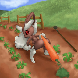 3_toes all_fours anthro biped black_sclera blush bodily_fluids breasts brown_body brown_fur butt carrot cum cum_on_back eyebrows eyelashes feet female female_anthro fence food food_fetish food_play fur genital_fluids genitals humanoid_feet improvised_dildo improvised_sex_toy looking_back nude nude_anthro nude_female outside plant plantigrade presenting presenting_hindquarters red_eyes side_boob soles solo tan_body tan_fur thick_eyebrows toes vegetable vulva pinderhooks nintendo pokemon generation_4_pokemon lopunny pokemon_(species) 1:1 colored digital_media_(artwork) hi_res shaded