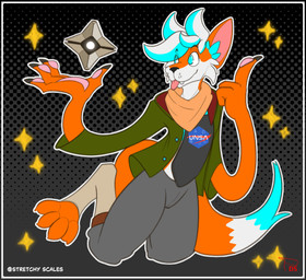 anthro black_border blue_fluff blue_hair blue_tail_tip body_pattern border bottomwear clothed clothing colorful_background cosmic_background digitigrade dipstick_tail dotted_background elastic elastic_body fur gesture gradient_background green_clothing green_jacket green_topwear grey_bottomwear grey_clothing grey_pants hair hand_gesture jacket latex_body logo_on_clothing male malleable_body markings multicolored_body multicolored_hair orange_body pants pattern_background pointing simple_background solo space space_background star stretched stretched_arm tail tail_markings text topwear white_body white_hair digitalscales bungie destiny_(series) astro_(themadastronaut) canid canine fox living_latex mammal absurd_res artist_name colored hi_res signature