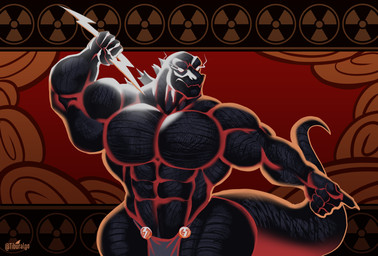 5_fingers abs anthro biceps big_butt big_muscles big_pecs black_body black_scales bottomwear butt clothing empty_eyes fingers front_view gesture hand_gesture holding_lightning_bolt lightning_bolt loincloth male mouth_closed muscular muscular_anthro muscular_male pecs pointing scales solo tail white_eyes tiburalgo godzilla_(series) toho zeuszilla godzilla kaiju lizard reptile scalie 2024 english_description hi_res