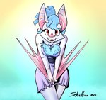 anthro bat_wings blue_hair breasts chest_tuft cleavage clothed clothing dress female fur hair looking_at_viewer membrane_(anatomy) membranous_wings pink_nose solo tuft white_body white_fur winged_arms wings shieltar bat mammal 2020 hi_res