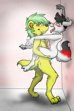 against_surface against_wall anal anal_penetration anthro anthro_on_anthro anthro_penetrated anthro_penetrating anthro_penetrating_anthro balls black_nose blush bodily_fluids butt claws cum cum_in_ass cum_inside duo ejaculation erection feet fur genital_fluids genitals green_eyes green_hair hair hindpaw interspecies long_hair looking_pleasured lying male male/male male_on_bottom male_on_top male_penetrated male_penetrating male_penetrating_male multicolored_hair nude on_back on_bottom on_top one_sided_climax open_mouth pawpads paws penetration penile penile_penetration penis penis_in_ass red_eyes sex simple_background smile spread_legs spreading stand_and_carry_position standing standing_sex teeth toe_claws toes tongue tongue_out white_body white_fur backsash sash_(backsash) canid canine canis domestic_dog mammal mustelid otter 2:3 absurd_res hi_res