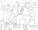 anthro anthro_on_anthro arm_around_shoulders belly blush bodily_fluids bottle bottomwear bulge clothing collar container detailed_bulge dialogue drooling drunk ear_piercing footwear furniture group larger_male male male/male muscular muscular_male nipples open_mouth open_smile overweight overweight_male party piercing saliva shirt shoes shorts sitting size_difference smaller_male smile socks sofa speech_bubble substance_intoxication tank_top text tight_clothing topwear severeni canid canine canis domestic_dog felid lion mammal pantherine 2024 english_text greyscale monochrome trans_(lore) trans_man_(lore)