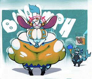 anthro big_breasts blue_body breasts clothing duo expansion female long_ears thick_thighs wand white_body yellow_clothing smokey_blokey atlyss angela_flux kubold_(atlyss) 2024 hi_res