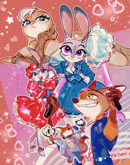 accessory alternative_fashion anthro armwear breasts brown_body brown_fur clothed clothing dress duo elbow_gloves eyebrows female fingers fur gloves green_eyes grey_body grey_fur handwear headband j-fashion lolita_(fashion) long_ears lying male multicolored_body multicolored_fur on_front open_mouth orange_body orange_fur purple_eyes scut_tail shirt short_tail sweet_lolita tail tan_body tan_fur teeth tongue topwear meatballs_5u disney zootopia judy_hopps nick_wilde canid canine fox lagomorph leporid mammal rabbit