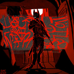 anthro biped black_body bulletproof_vest clothing detailed_background doorway ears_up fence graffiti holding_object holding_weapon looking_at_viewer male ominous open_mouth outline pointy_ears red_outline shadow solo standing_in_doorway static tactical_gear tactical_gloves tactical_pants teeth weapon white_eyes blakenator canid canine canis domestic_dog mammal 1:1 digital_media_(artwork) full-length_portrait hi_res portrait red_theme watermark