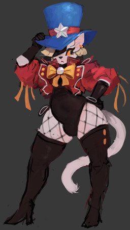 anthro blonde_hair boots bow_ribbon bulge clothing femboy fishnet_clothing fishnet_legwear footwear fur gloves grey_body grey_fur hair hand_on_hip handwear hat headgear headwear high_heeled_boots high_heels jacket legwear leotard male orange_eyes shoes slightly_chubby solo thigh_boots thigh_highs top_hat topwear pajamamcham jaspar_(pajamamcham) domestic_cat felid feline felis mammal hi_res