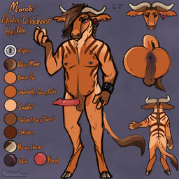 animal_genitalia anthro anus balls brown_body brown_fur brown_hair cloven_hooves ear_piercing ear_ring ear_stud eyebrow_piercing eyes_closed facial_piercing front_view fur genitals grey_eyes hair hooves horn humanoid_genitalia humanoid_penis hybrid_genitalia hybrid_penis male male_anthro nipple_piercing nipples nude nude_anthro nude_male penis piercing raised_tail rear_view red_penis ring_piercing sheath sheathed_humanoid_penis simple_background slightly_chubby slightly_chubby_anthro slightly_chubby_male solo standing striped_body striped_fur stripes tail tan_body tan_fur text meldritchhorror alcelaphine antelope bovid mammal wildebeest 1:1 2021 english_text model_sheet