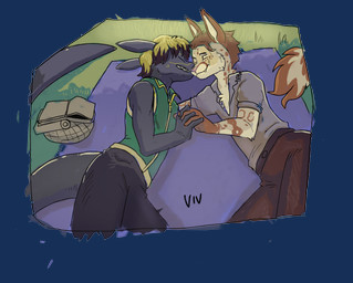 affectionate basket blonde_hair bottomwear brown_body brown_fur brown_hair clothed clothing container fur grey_body hair hug male male/male nuzzling pants picnic picnic_basket shirt tan_body tan_fur topwear vest wicked_whiskers zgf_art aquatic domestic_cat felid feline felis fish hybrid lynx mammal shark 2025 absurd_res alpha_channel hi_res