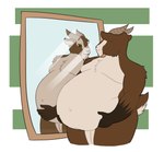 2_horns 5_fingers anthro belly_overhang black_nose brown_body brown_fur brown_horn brown_tail closed_smile convenient_censorship fingers fluffy fluffy_tail fur furrowed_brow goat_tail green_eyes holding_belly horizontal_pupils horn looking_at_mirror looking_at_object male mirror moobs mouth_closed multicolored_body multicolored_fur navel nude obese obese_anthro obese_male overweight overweight_anthro overweight_male pupils simple_background smile solo standing tail tan_body tan_fur tan_tail thick_thighs two_tone_tail theannoyingnpc greg_(theannoyingnpc) bovid caprine goat mammal 2017 colored digital_drawing_(artwork) digital_media_(artwork)