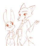 2017 alec8ter anthro bottomwear buckteeth canid canine clothed clothing conditional_dnp container cup disney duo female fox fully_clothed fur hi_res holding_container holding_cup holding_object judy_hopps lagomorph leporid looking_at_another male mammal monochrome necktie nick_wilde open_mouth open_smile orange_and_white pants rabbit red_fox shirt simple_background smile teeth topwear true_fox white_background zootopia