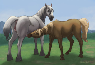 ambiguous_gender animal_genitalia animal_vulva anus breastfeeding brown_body brown_fur clitoral_winking clitoris duo equine_genitalia equine_vulva feathering female feral fur genitals grey_body grey_fur hooves teats fowler17 zeituna_(horse) equid equine horse mammal 2025 hi_res female_(lore)