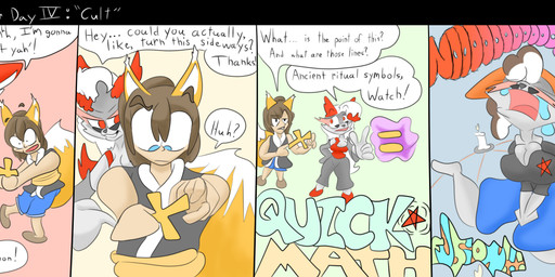 anthro dialogue duo female fusion gender_transformation humor kemono male pun solo text transformation visual_pun andetheslayer canid canine fox human hybrid mammal absurd_res comic english_text hi_res