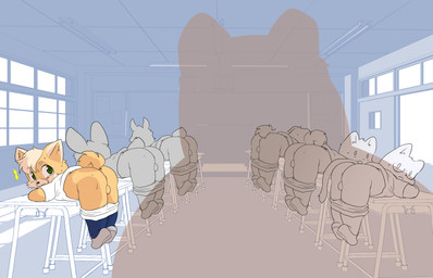 anthro blue_clothing blue_footwear blue_socks bottomwear bottomwear_down butt classroom_desk clothed clothing footwear green_eyes group hair looking_at_viewer male nervous pants pants_down partially_clothed shirt socks topwear white_clothing white_shirt white_topwear worried young young_anthro young_male woory wanpaku canid canine canis domestic_dog mammal 2026 absurd_res hi_res