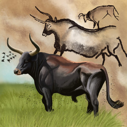 animal_genitalia balls black_body black_fur brown_body brown_fur cave_painting feral fully_sheathed fur genitals grass horn male male_feral plant quadruped sheath short_fur side_view solo standing agustindiazart ambient_bird aurochs bovid bovine mammal recently_extinct_species 1:1 2021 hi_res