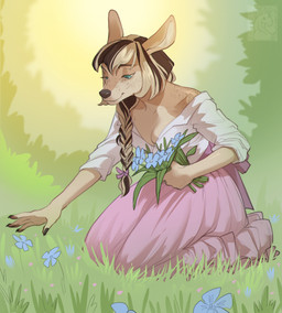 anthro biped breasts claws clothed clothed_anthro clothed_female clothing countershade_torso countershading female fingers flower freckled_face freckled_shoulders freckles front_view fur hair kneeling outside plant smile solo speckle_freckles 1cassius1 mocha_(raveger) deer mammal absurd_res hi_res