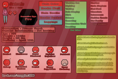 clothing emotion_chart expressions female hoodie leggings legwear red_background simple_background solo text topwear hornycreature octavia_(hornycreature) algeian_(race) humanoid shape_head english_text hi_res model_sheet