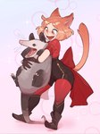 ambiguous_gender clothed clothing duo female feral fur grey_body grey_fur hair open_mouth open_smile orange_eyes orange_hair orange_tail simple_background smile tail huffslove american_opossum animal_humanoid cat_humanoid felid felid_humanoid feline feline_humanoid humanoid mammal mammal_humanoid marsupial virginia_opossum 2025 absurd_res hi_res