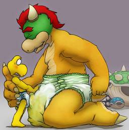 5_fingers anthro biped blue_diaper bodily_fluids claws clothed clothing diaper diaper_frottage diaper_only duo eyes_closed fingers genital_fluids green_body green_diaper hair kneeling male male/male red_hair shell simple_background size_difference spiked_shell spikes spikes_(anatomy) standing toe_claws topless unclean_diaper urine used_diaper wearing_diaper yellow_body crackajackin mario_bros nintendo bowser koopa koopa_troopa scalie 2010 digital_media_(artwork) hi_res